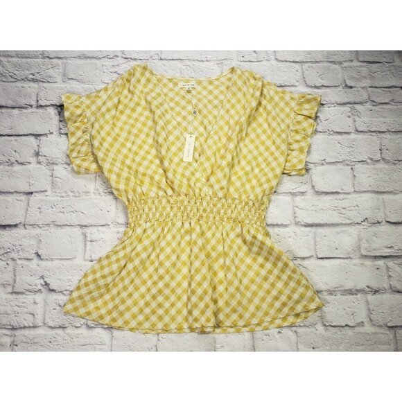 Max Studio Womens Size Large Yellow White Gingham Check Short-Sleeve Blouse - Picture 1 of 7